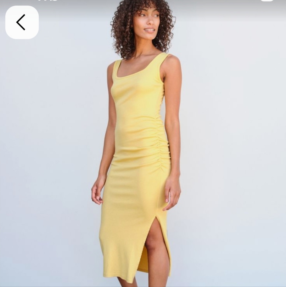 NWT Sundry Banana Yellow Ruched Midi Dress With Side Slit. XL